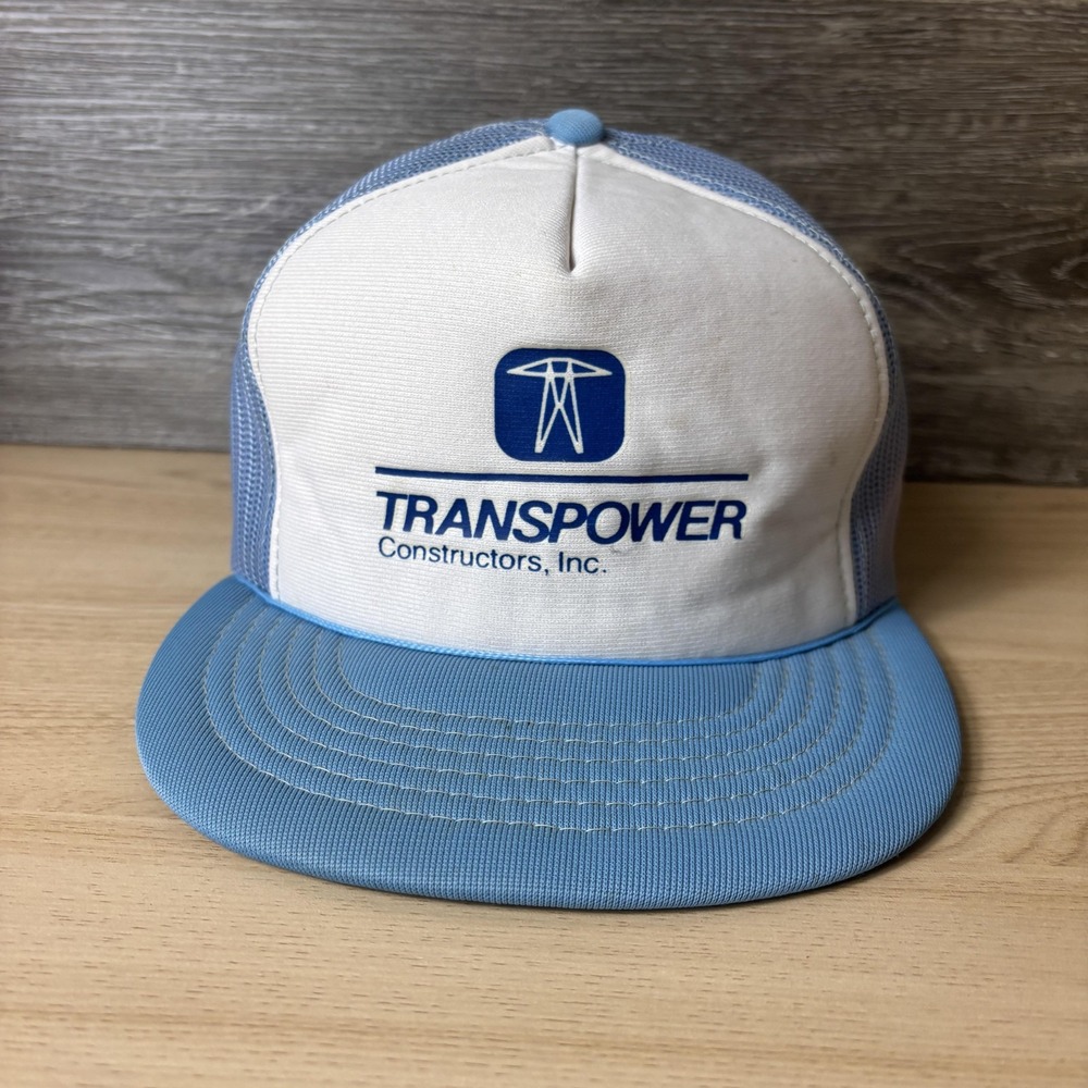 VINTAGE Transpower Hat Cap Snap Back Blue White Trucker Mesh Mens Made USA 80s